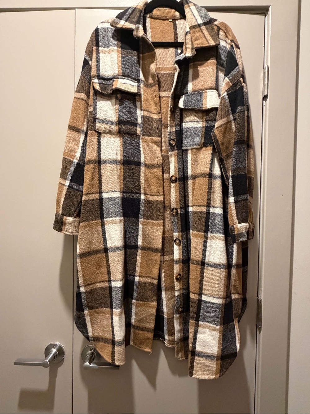 Amazon Plaid Utility Shacket in Tan, Black & Cream